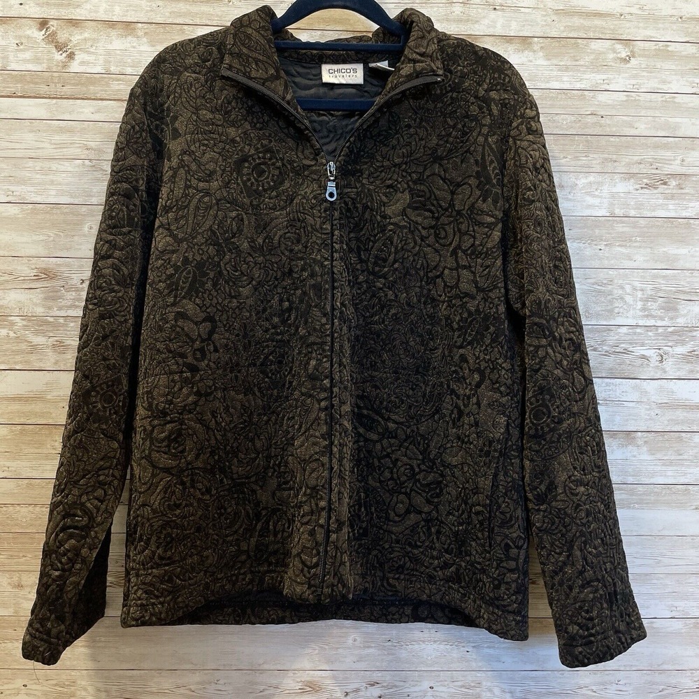 Chicos Womens Size 1 Jacket Travelers Quilted Black Brown Full Zip Packable